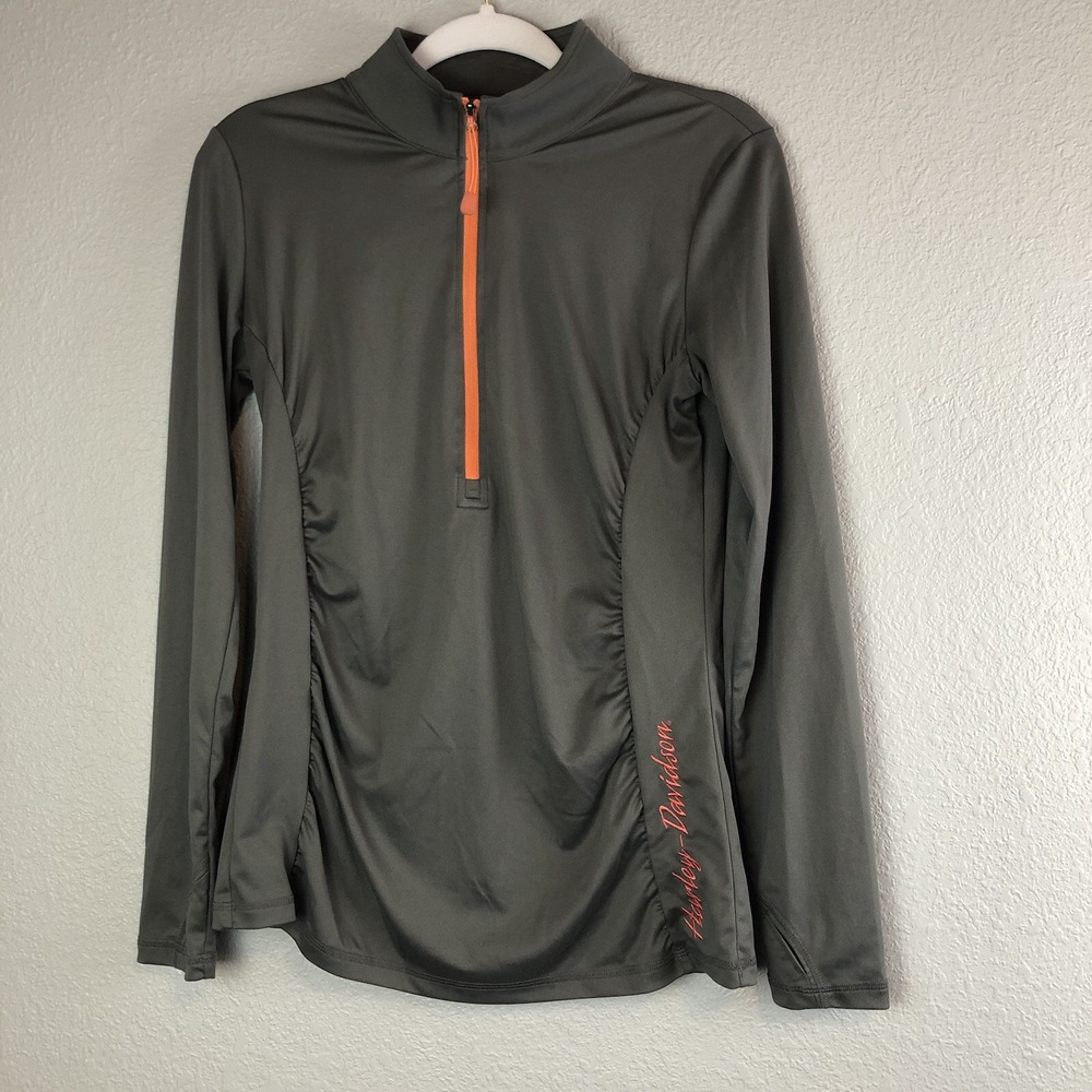 Harley Davidson Womens Top Medium Gray Long Sleeve Half Zip Performance‎ Ruched